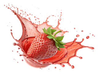 strawberry falling in juice splash isolated on AI generated by PNG