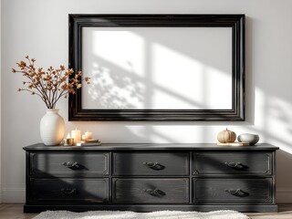 Sunlight illuminating horizontal frame mockup on black dresser