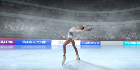 Figure skater girl skating on ice stadium.