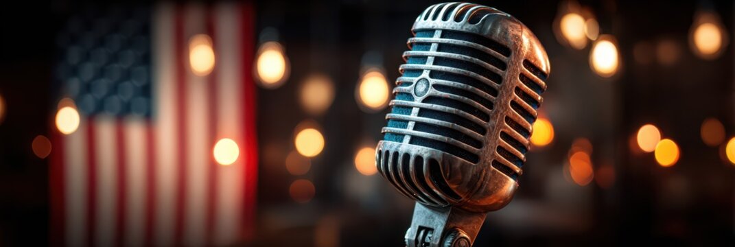 Vintage microphone set against an American flag backdrop with soft lighting for a music performance venue