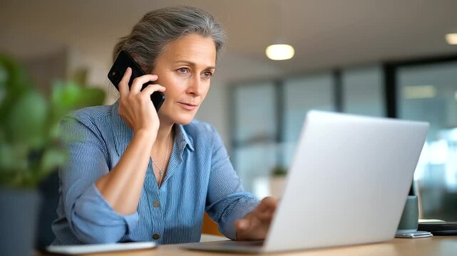 Focused businesswoman multitasking with a smartphone and laptop in a modern office setting. - Powered by Adobe