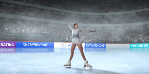 Figure skater girl skating on ice stadium.