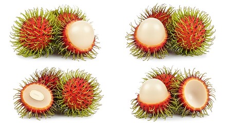 Four views of fresh rambutan fruit whole and halved on a white background