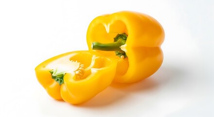 Fresh yellow bell pepper halved on white background