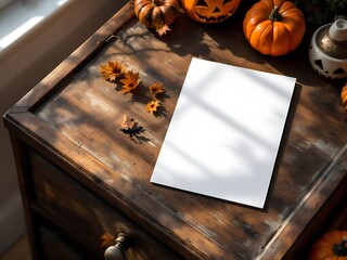 Empty paper mockup lying on wooden table with halloween decoration