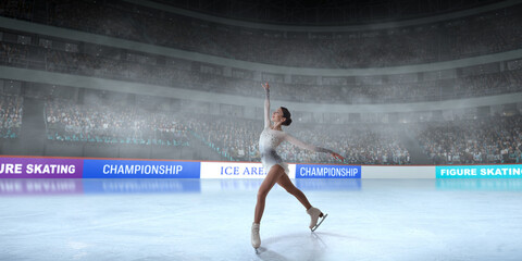 Figure skater girl skating on ice stadium.