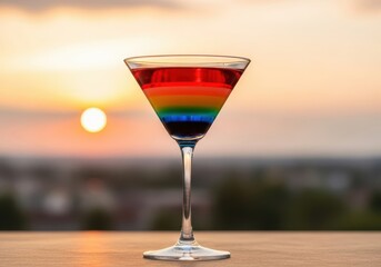 Rainbow cocktail in martini glass with sunset background