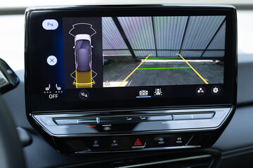 Rear View Monitor for car reverse system. Car display and rear view camera. Parking assistant...