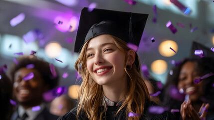 Joyful Bright Smiling Graduate Celebrating Achievement with Confetti at Ceremony. Ai Generated Images