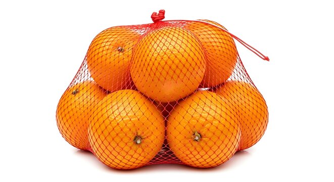 Bag of fresh oranges with protective netting against a white background