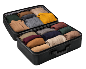 Open suitcase with half closed zipper visible folded sweaters organized clothing travel preparation cozy knitwear various colors neat packing soft texture home setting