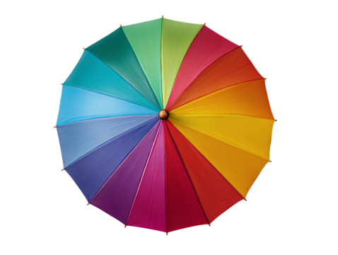 Top View of Colorful Rainbow Umbrella with Segmented Panels, Flat Lay Composition, Isolated on Transparent Background