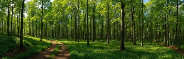 Obraz premium Panoramic view of beech forest in spring mountains. Sunlight filters trees fresh green foliage. Dirt road winds through meadow. Natural light illuminates landscape. Scenic springtime woodland