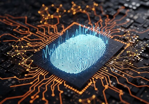 A glowing blue fingerprint scan on a computer processor chip, surrounded by orange circuitry, representing digital security and biometric identification