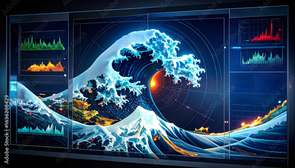 Poster a stylized digital concept of a global disaster monitoring interface showing a massive tsunami formi