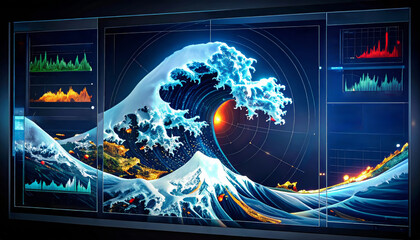 A stylized digital concept of a global disaster monitoring interface showing a massive tsunami forming, with data visualizations and tracking information.