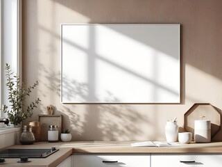 Modern kitchen interior with blank frame mockup, sunlight streaming through window