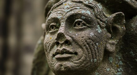 Weathered stone face sculpture with moss detail