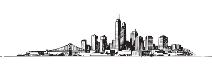 Naklejka premium Black and white city skyline silhouette, Urban City Skyline Panoramic Vector Illustration isolated on transparent background