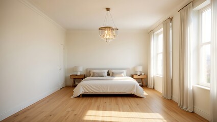 Bright and Spacious Bedroom with Modern Chandelier and Neutral Tones for Relaxation and Comfort Interior Design