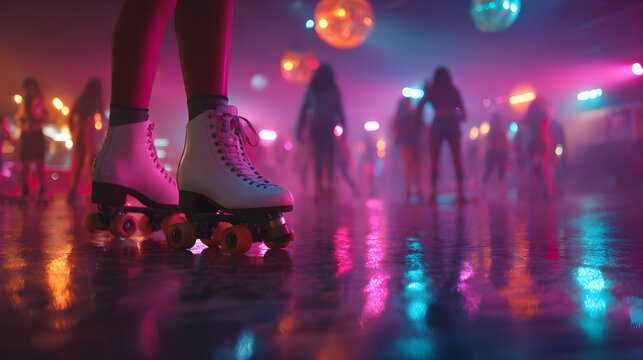 Retro neon roller skater disco night party. Skate party, roller skating rink with chill music