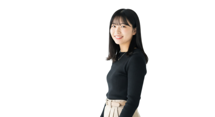 Schwarzhaarige Frau – seitlich mit Blick zur Kamera, transparenter Hintergrund, PNG