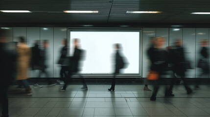 Bustling underground metro station with commuters in motion, illuminated blank billboard display catching attention amidst the urban transit rush hour