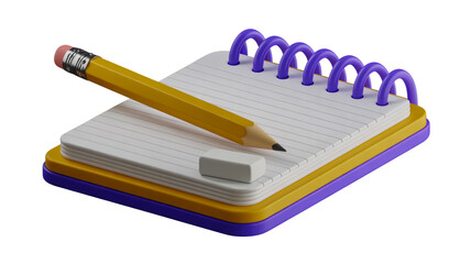 3D spiral notepad yellow-white cover, purple coils, pencil diagonal, white background