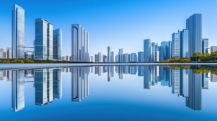 Modern City Skyline Reflected in Calm Water