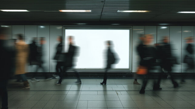 Bustling underground metro station with commuters in motion, illuminated blank billboard display catching attention amidst the urban transit rush hour