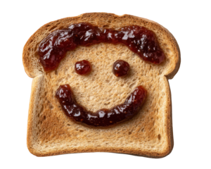 Smiling toast with jam breakfast happy face isolated food fun sweet snack morning playful cheerful transparency background closeup creative simple delicious joyful cute artistic homemade child