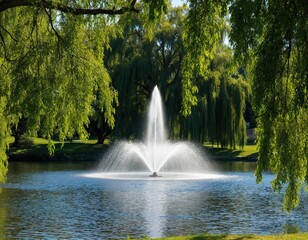 Naklejka premium Serene park scene with large fountain at center. Fountain shoots water upwards in rich green surroundings. Grand structure enhanced by low-angle perspective. Green, blue colors reflect natural