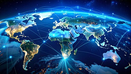 A stylized digital map of Earth with glowing network lines, illustrating global satellite connectivity and real-time communication across continents from space.