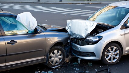 Car Accident Scene with Deployed Airbags and Frontal Collision Damage Two Vehicles Involved Auto Insurance Claim
