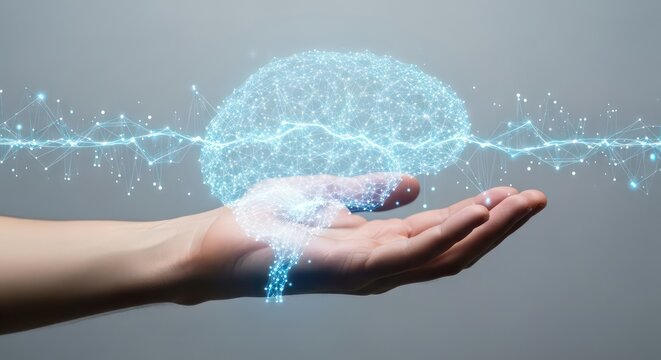 Luminous Plexus Brain with Neural Waveform Floating Above a Cupped Hand