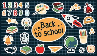 Back to school sticker set with educational icons and colorful elements on dark grid