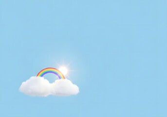 Bright sun shines through a vibrant rainbow arc nestled on fluffy clouds against a clear blue sky