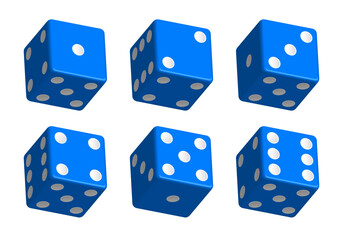 Blue dice with white dots. Vector set isolated on white background. 3d dice.