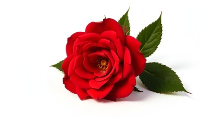 Fototapeta premium One stunning red rose in full bloom with fresh green leaves, isolated on white.