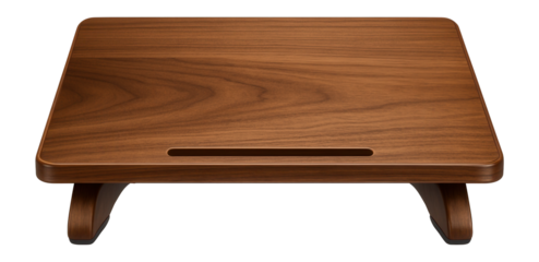 Wooden laptop riser with natural grain finish and cable management slot