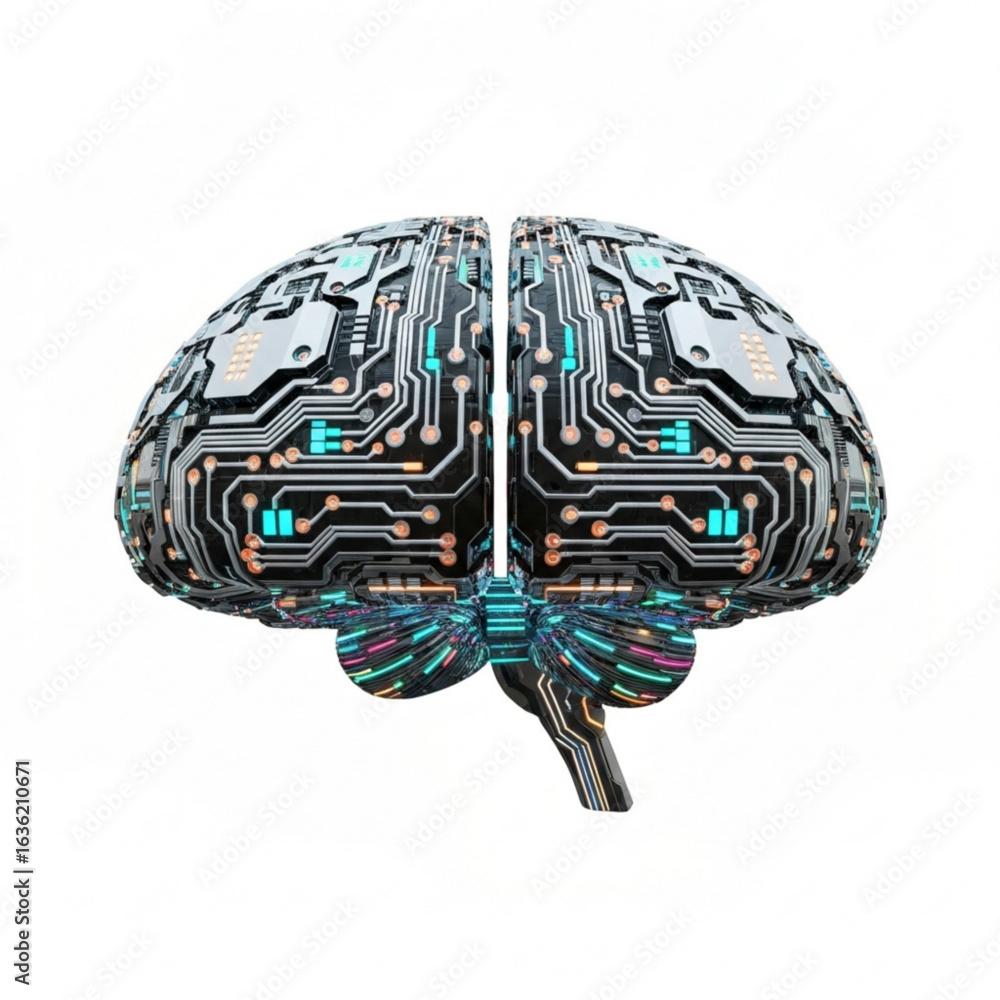 Poster metallic brain with intricate circuit patterns and vibrant light emitting diodes on a neutral backgr