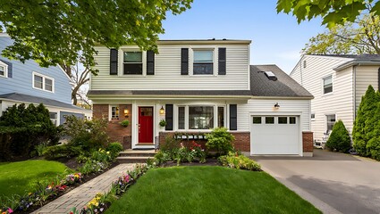 Fototapeta premium Charming suburban home with well maintained lawn and colorful flower garden perfect for real estate or family lifestyle imagery