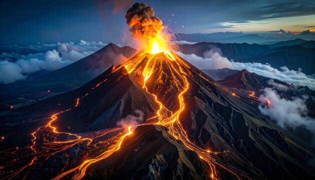 A cinematic scene of a massive volcanic eruption at twilight, with molten lava spewing and flowing down the mountain.