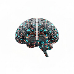 Artificial intelligence brain with circuit board design and glowing elements on a white surface view