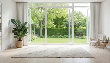 Fototapeta premium Modern minimalist living room with large windows overlooking green garden. Indoor plant placed on wooden floor with rug. Clean bright wall decor, contemporary architecture, peaceful, serene, tranquil
