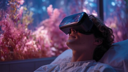 A relaxed patient wearing a VR headset during a therapy session, immersed in a calming virtual environment with soft pink lighting and futuristic surroundings.