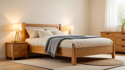 Comfortable and Stylish Bedroom Interior with Wooden Bed Frame and Nightstands Under Soft Lighting Perfect for Relaxation and Sleep
