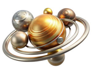 Abstract golden spheres arrangement modern design metallic rings art composition luxury decoration graphic resource decorative element rendering3d illustration isolated on transparent background