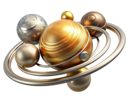 Abstract golden spheres arrangement modern design metallic rings art composition luxury decoration graphic resource decorative element rendering3d illustration isolated on transparent background