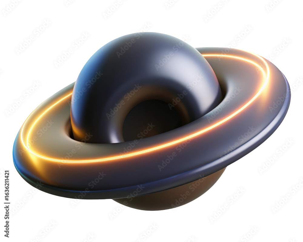 Poster abstract metallic saturn shape design with glowing ring element 3d illustration isolated on transpar